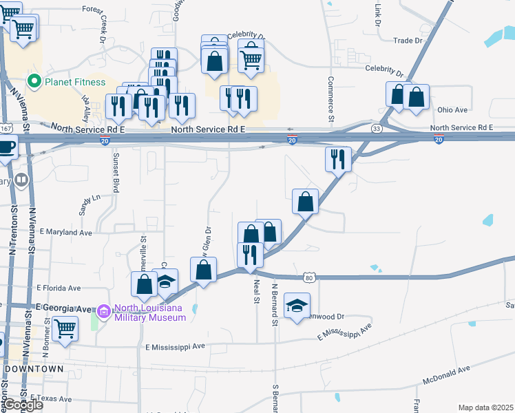 map of restaurants, bars, coffee shops, grocery stores, and more near 824 Ponder Street in Ruston