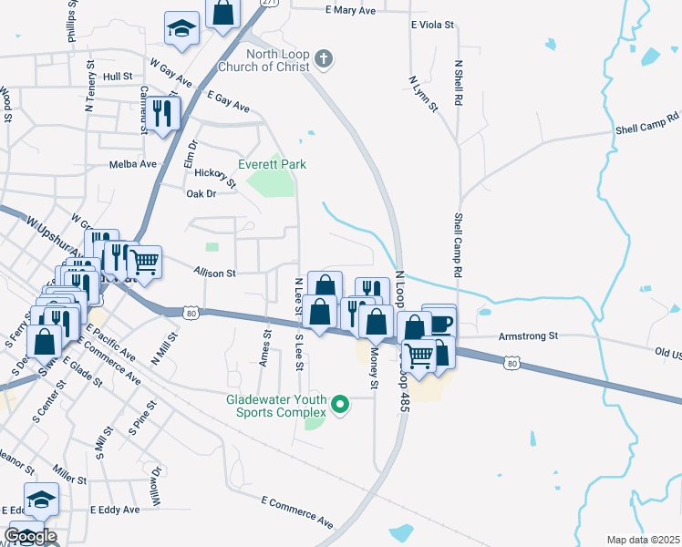 map of restaurants, bars, coffee shops, grocery stores, and more near 1006 Forest Hill in Gladewater