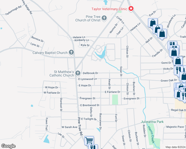 map of restaurants, bars, coffee shops, grocery stores, and more near 110 Dellbrook Drive in Longview