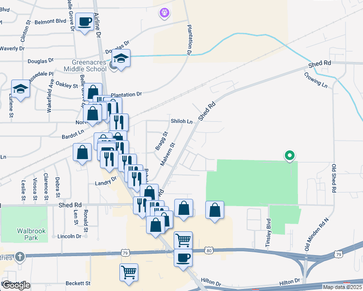 map of restaurants, bars, coffee shops, grocery stores, and more near 3114 Malvern Street in Bossier City