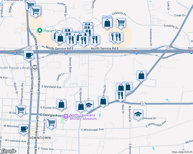 map of restaurants, bars, coffee shops, grocery stores, and more near 1011 Willow Glen Drive in Ruston