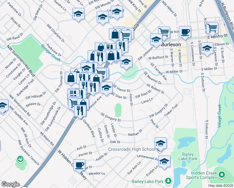 map of restaurants, bars, coffee shops, grocery stores, and more near 117 Southeast Dian Street in Burleson