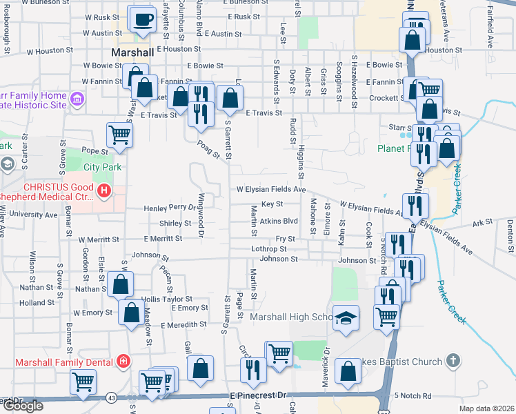 map of restaurants, bars, coffee shops, grocery stores, and more near 902 Key Street in Marshall