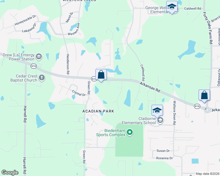 map of restaurants, bars, coffee shops, grocery stores, and more near 3015 Arkansas Road in West Monroe