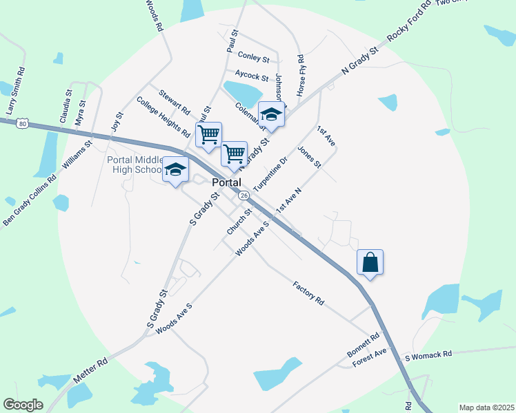 map of restaurants, bars, coffee shops, grocery stores, and more near 27245 U.S. 80 in Portal