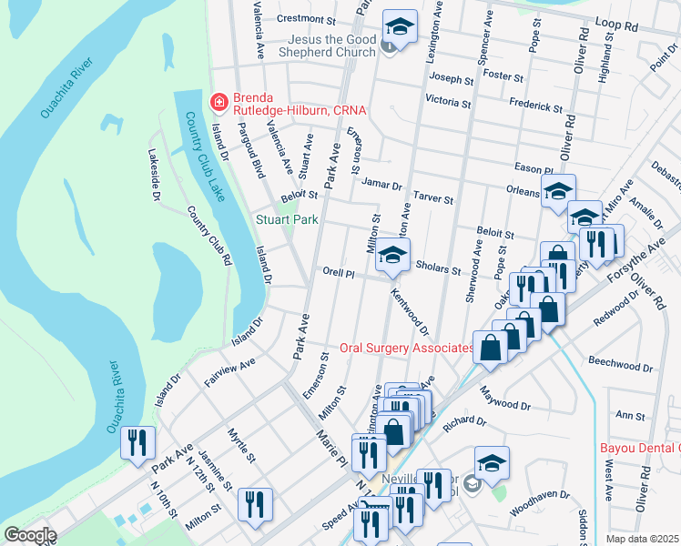 map of restaurants, bars, coffee shops, grocery stores, and more near 2399 Orell Place in Monroe