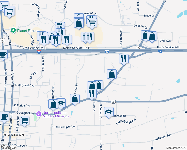 map of restaurants, bars, coffee shops, grocery stores, and more near 824 Ponder Street in Ruston