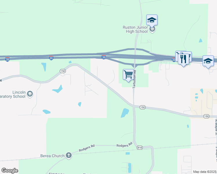 map of restaurants, bars, coffee shops, grocery stores, and more near Louisiana 150 in Ruston
