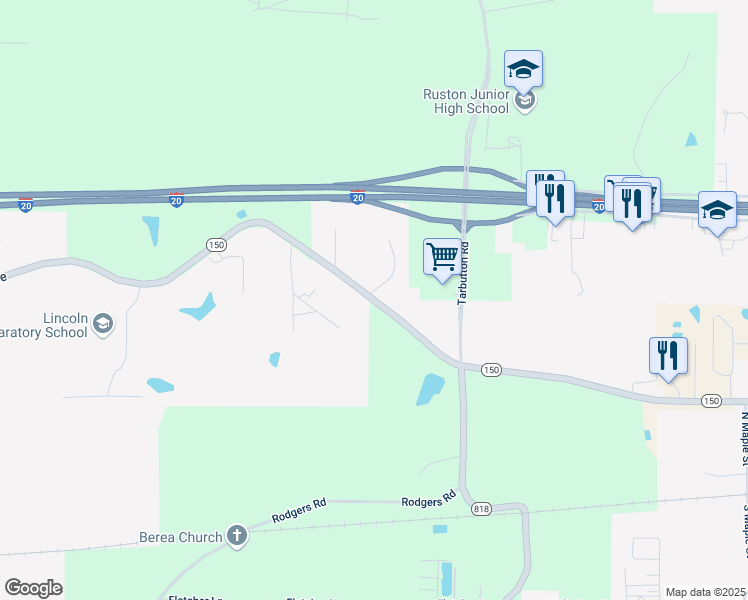 map of restaurants, bars, coffee shops, grocery stores, and more near Louisiana 150 in Ruston