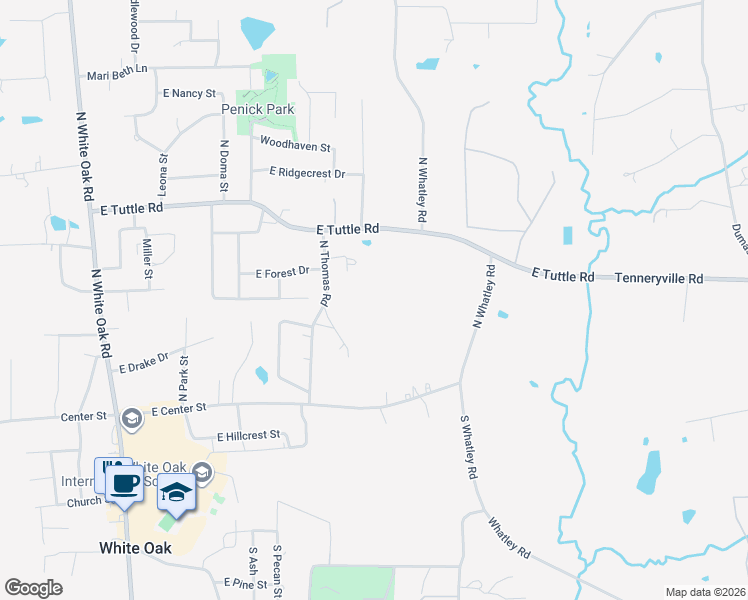 map of restaurants, bars, coffee shops, grocery stores, and more near 406 North Thomas Road in White Oak
