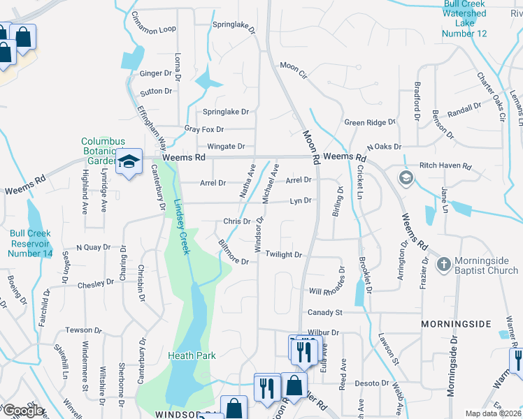 map of restaurants, bars, coffee shops, grocery stores, and more near in Columbus