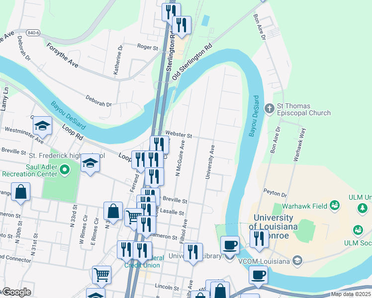 map of restaurants, bars, coffee shops, grocery stores, and more near 1515 Filhiol Ave in Monroe
