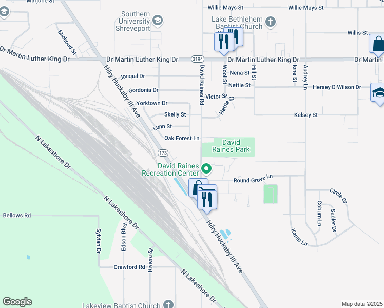 map of restaurants, bars, coffee shops, grocery stores, and more near 2550 David Raines Road in Shreveport
