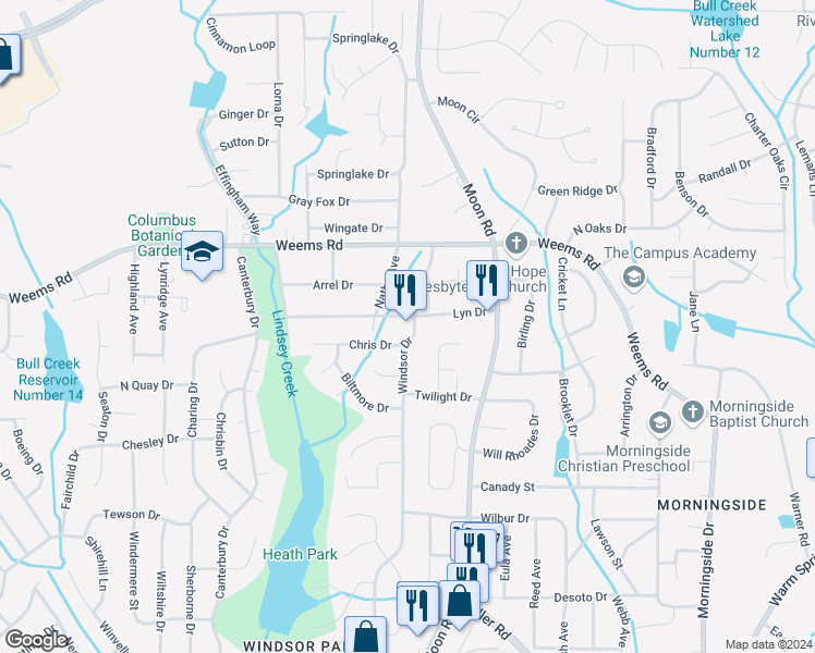 map of restaurants, bars, coffee shops, grocery stores, and more near 3934 Lyn Drive in Columbus