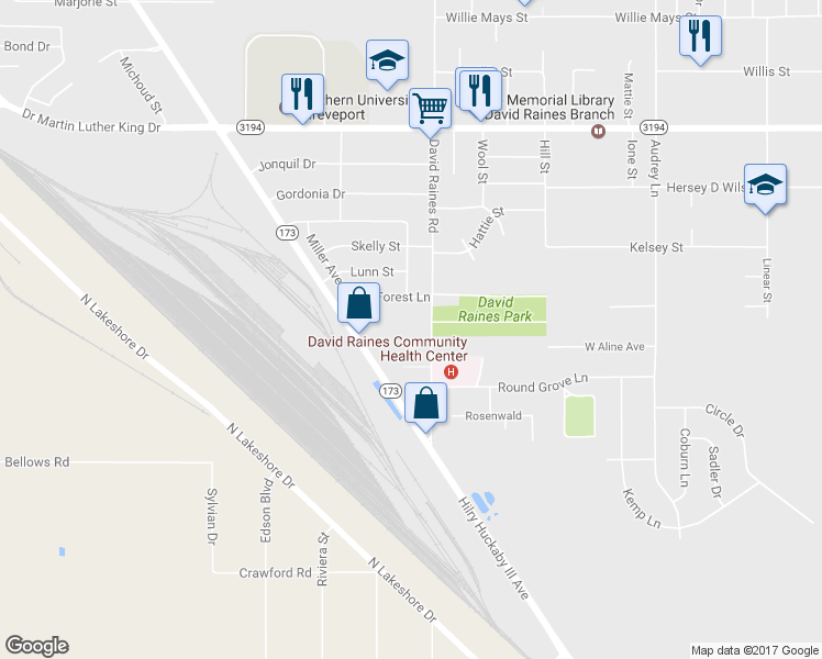 map of restaurants, bars, coffee shops, grocery stores, and more near 2550 David Raines Road in Shreveport