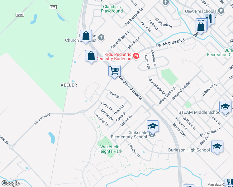 map of restaurants, bars, coffee shops, grocery stores, and more near 848 Grant Street in Burleson