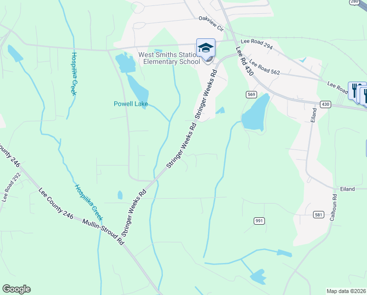 map of restaurants, bars, coffee shops, grocery stores, and more near Lee County Road 295 in Smiths Station