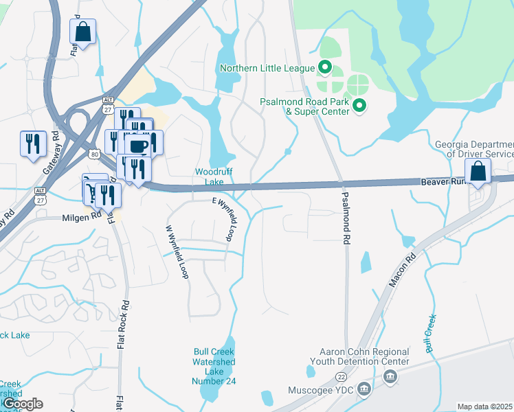 map of restaurants, bars, coffee shops, grocery stores, and more near 6493 Woodbriar Lane in Columbus