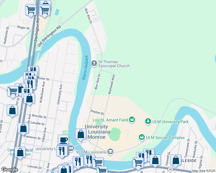 map of restaurants, bars, coffee shops, grocery stores, and more near 625 Warhawk Way in Monroe
