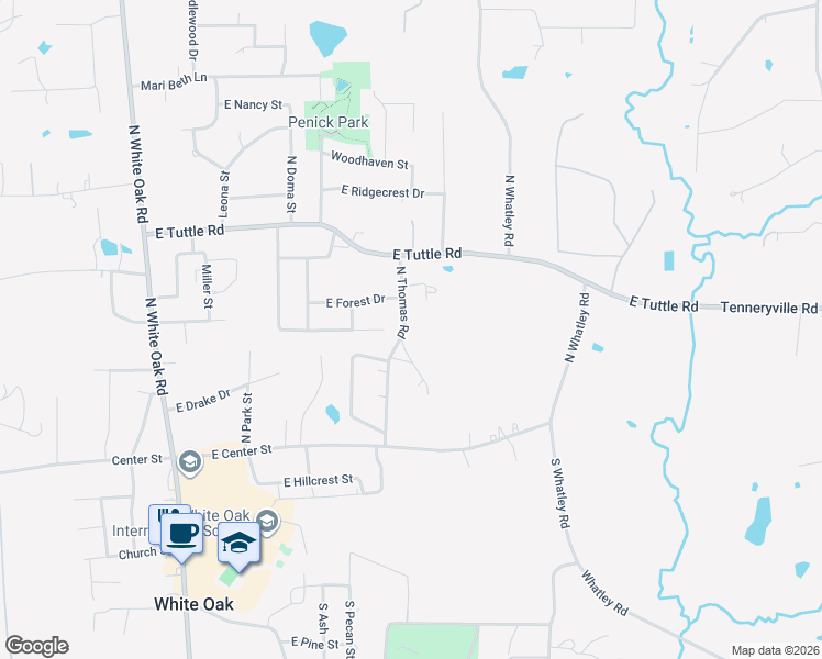 map of restaurants, bars, coffee shops, grocery stores, and more near 406 North Thomas Road in White Oak