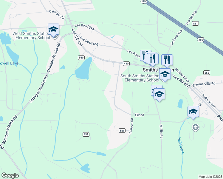map of restaurants, bars, coffee shops, grocery stores, and more near 234 Eiland in Smiths Station
