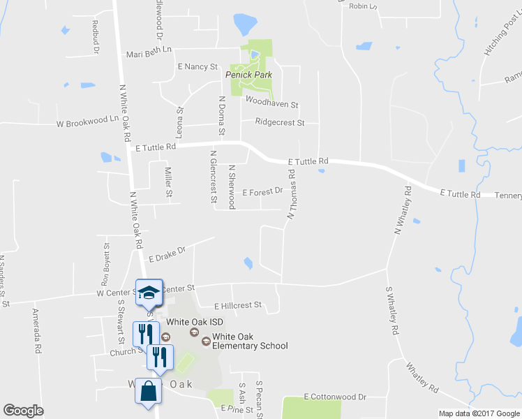 map of restaurants, bars, coffee shops, grocery stores, and more near 401 East Robinwood Drive in White Oak