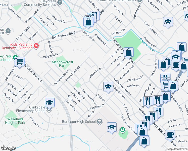 map of restaurants, bars, coffee shops, grocery stores, and more near 916 Jayellen Court in Burleson