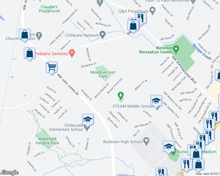 map of restaurants, bars, coffee shops, grocery stores, and more near 1024 Brown Crest in Burleson