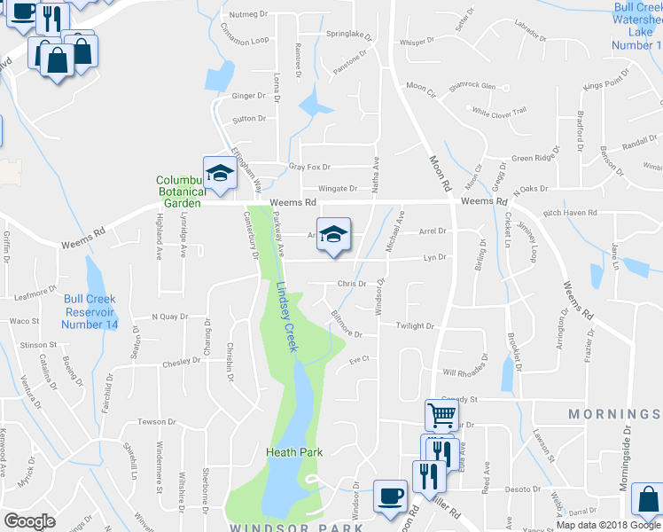 map of restaurants, bars, coffee shops, grocery stores, and more near 3824 Lyn Drive in Columbus