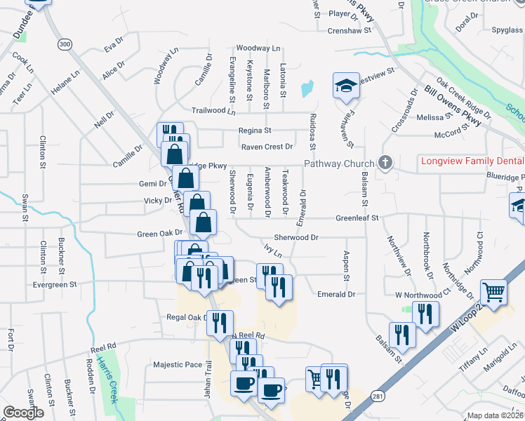 map of restaurants, bars, coffee shops, grocery stores, and more near 312 Greenleaf Street in Longview