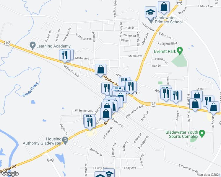 map of restaurants, bars, coffee shops, grocery stores, and more near 207 North Ferry Street in Gladewater