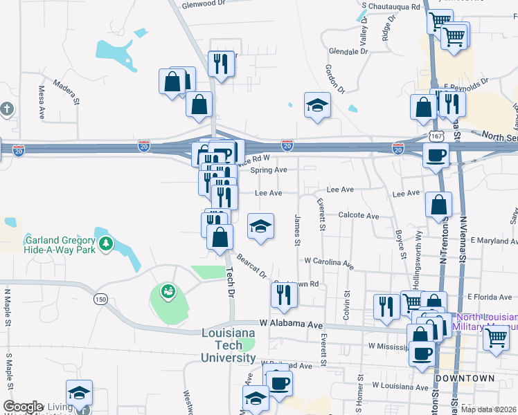 map of restaurants, bars, coffee shops, grocery stores, and more near 903 Arnold Street in Ruston