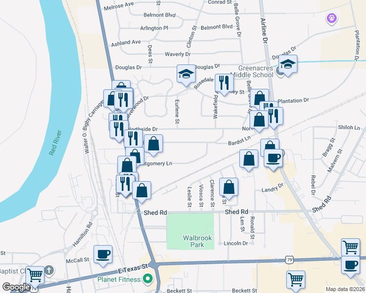 map of restaurants, bars, coffee shops, grocery stores, and more near 9 Montgomery Lane in Bossier City