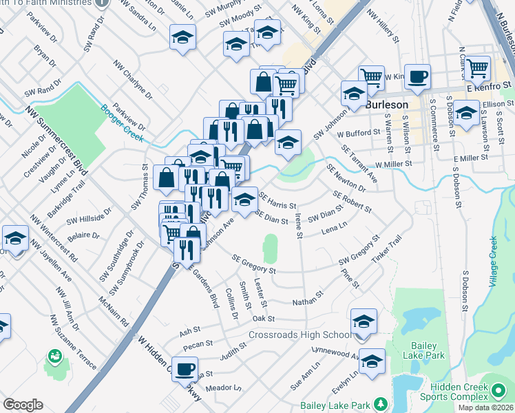 map of restaurants, bars, coffee shops, grocery stores, and more near 117 Southeast Dian Street in Burleson