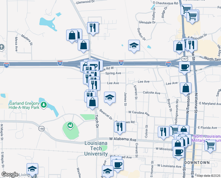 map of restaurants, bars, coffee shops, grocery stores, and more near 903 Arnold Street in Ruston