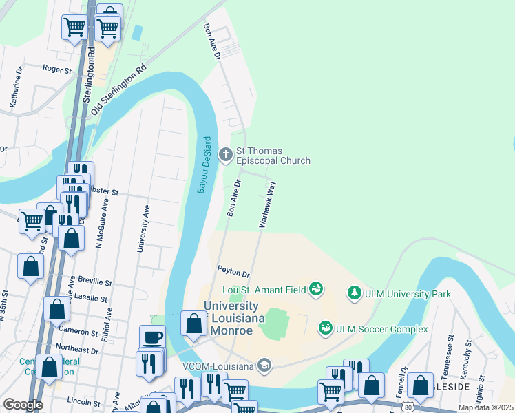 map of restaurants, bars, coffee shops, grocery stores, and more near 501 Warhawk Way in Monroe