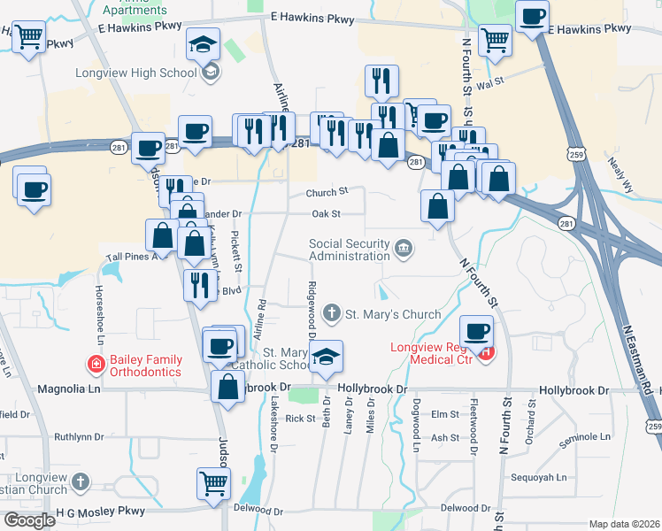 map of restaurants, bars, coffee shops, grocery stores, and more near 2314 Ridgewood Drive in Longview