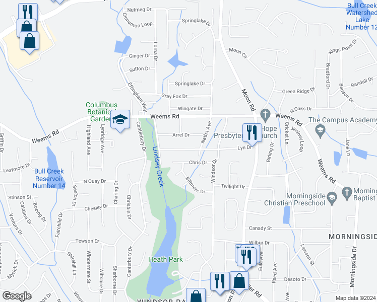 map of restaurants, bars, coffee shops, grocery stores, and more near in Columbus