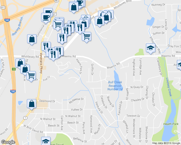 map of restaurants, bars, coffee shops, grocery stores, and more near 6327 Blanchard Court in Columbus