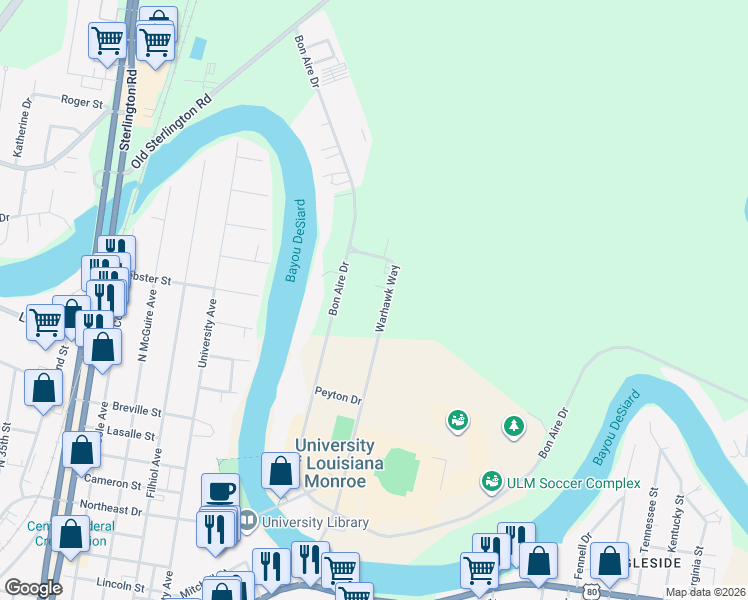map of restaurants, bars, coffee shops, grocery stores, and more near 501 Warhawk Way in Monroe