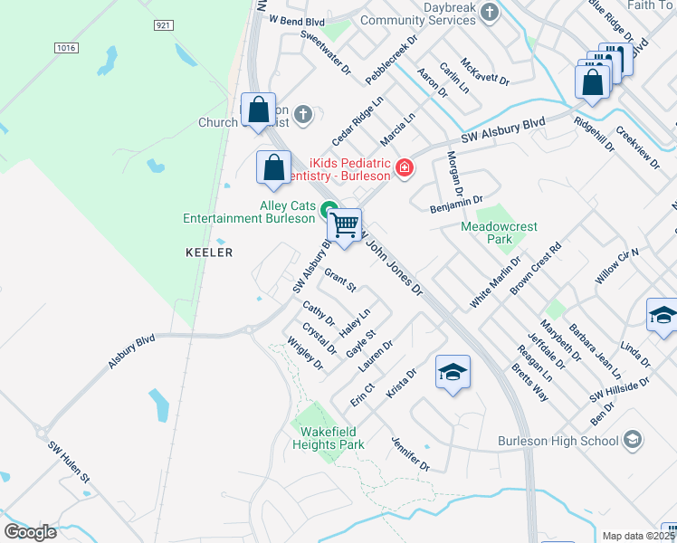 map of restaurants, bars, coffee shops, grocery stores, and more near 904 Grant Street in Burleson