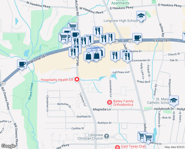 map of restaurants, bars, coffee shops, grocery stores, and more near Longview Mall in Longview
