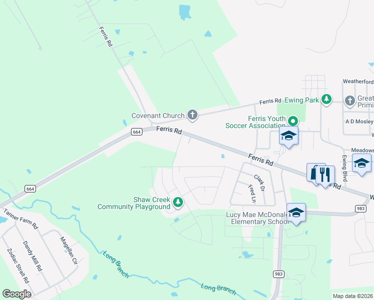 map of restaurants, bars, coffee shops, grocery stores, and more near 110 Ovilla Road in Ferris