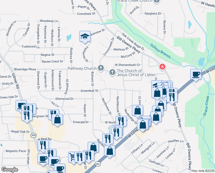 map of restaurants, bars, coffee shops, grocery stores, and more near 1606 Greenleaf Street in Longview