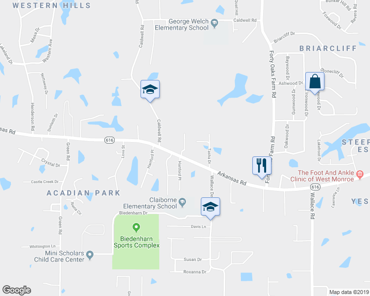 map of restaurants, bars, coffee shops, grocery stores, and more near 100 Coverdale Lane in West Monroe