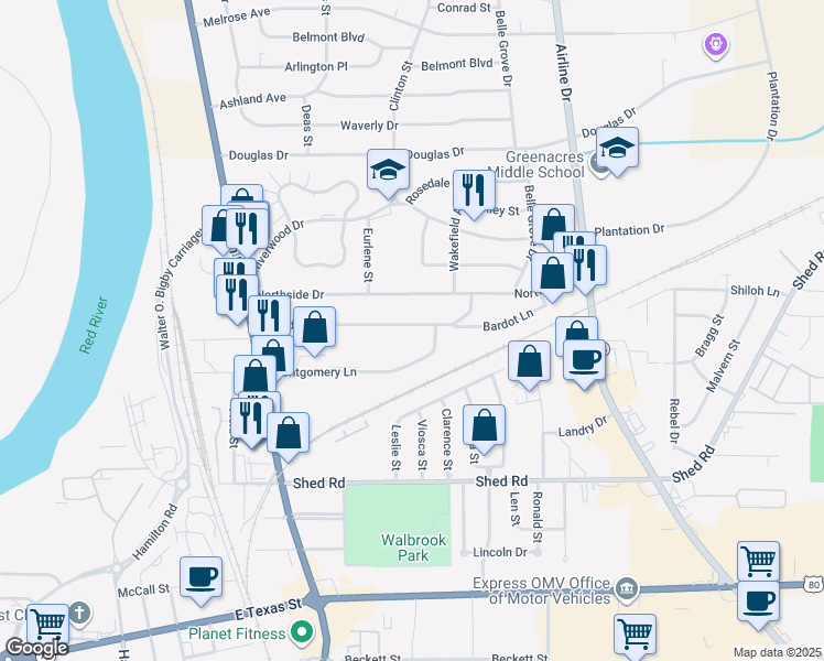 map of restaurants, bars, coffee shops, grocery stores, and more near 2538 Broadway Drive in Bossier City