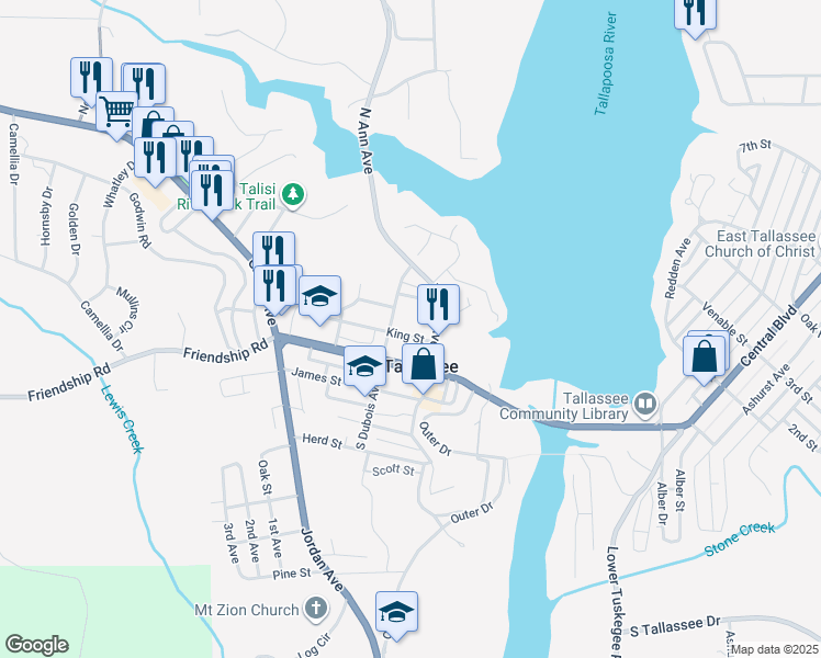 map of restaurants, bars, coffee shops, grocery stores, and more near in Tallassee