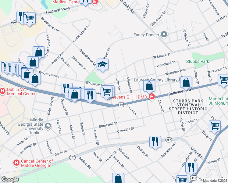 map of restaurants, bars, coffee shops, grocery stores, and more near 1404 Highland Avenue in Dublin
