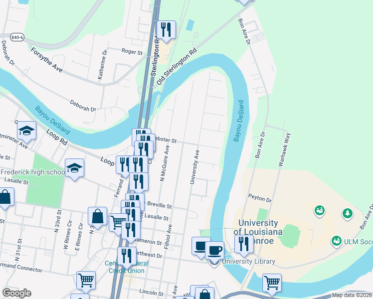 map of restaurants, bars, coffee shops, grocery stores, and more near 1601 University Ave in Monroe