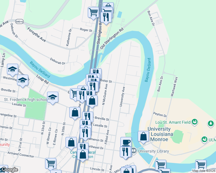 map of restaurants, bars, coffee shops, grocery stores, and more near 1515 Filhiol Ave in Monroe